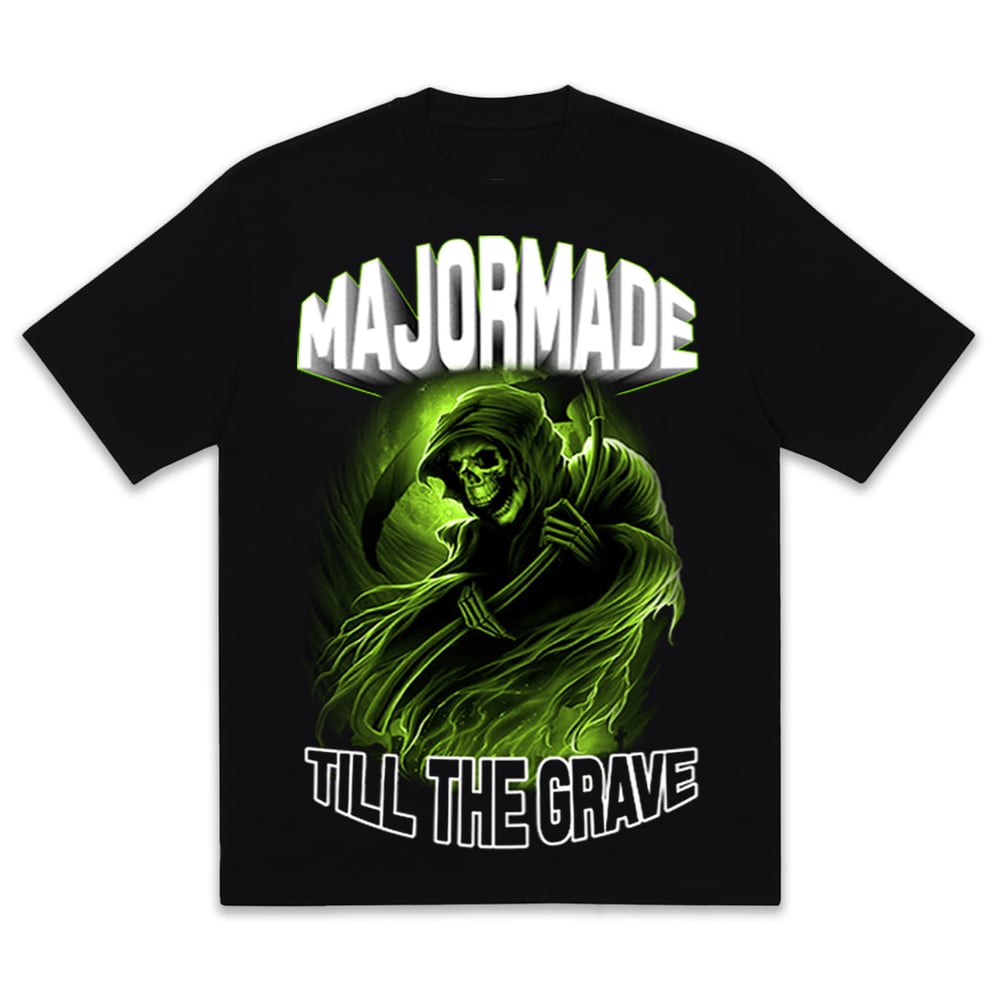 MAJORMADE BLACK REAPER tee — black, 100% cotton, front graphic screenprint