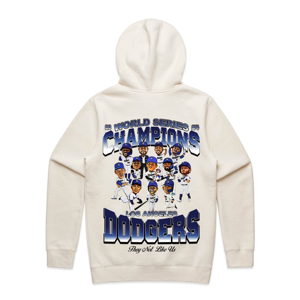Beige hoodie with Dodgers World Series Champions design on a white background
