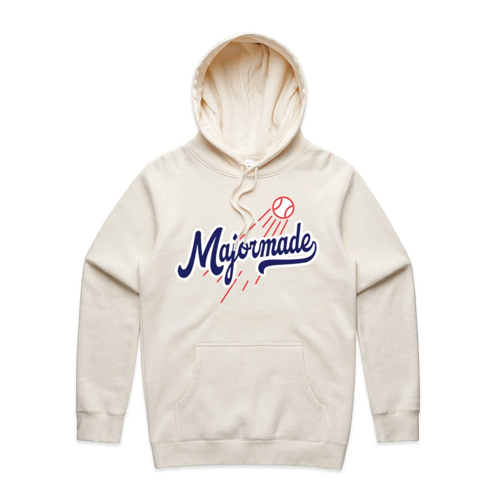 Beige hoodie with 'Majormade' logo on a white background