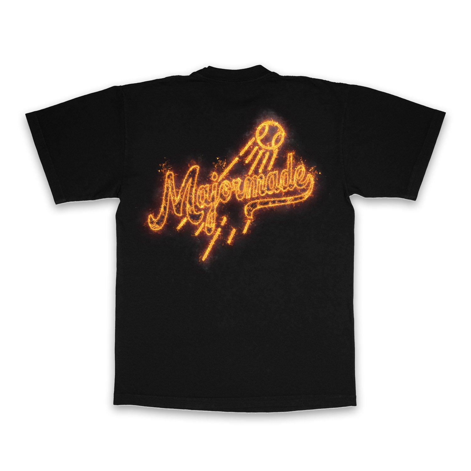 Black t-shirt with Majormade logo in orange on a white background