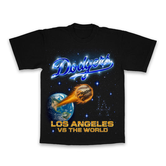 Black t-shirt with Dodgers logo and space-themed design on a white background