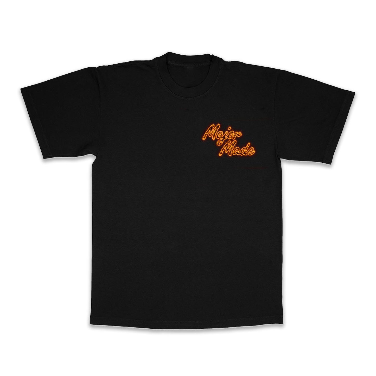 Black t-shirt with orange text on a white background
