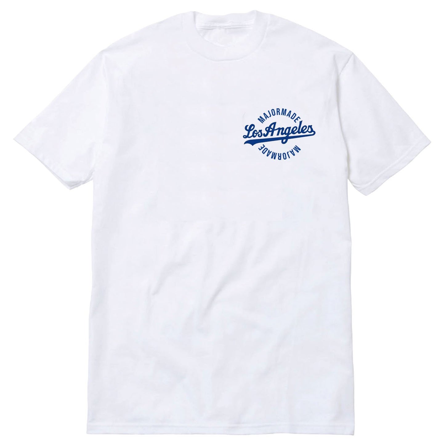 White t-shirt with blue text on a white background