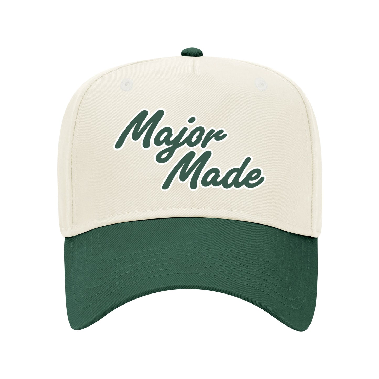 Two-tone cap with 'Major Made' text on a white background