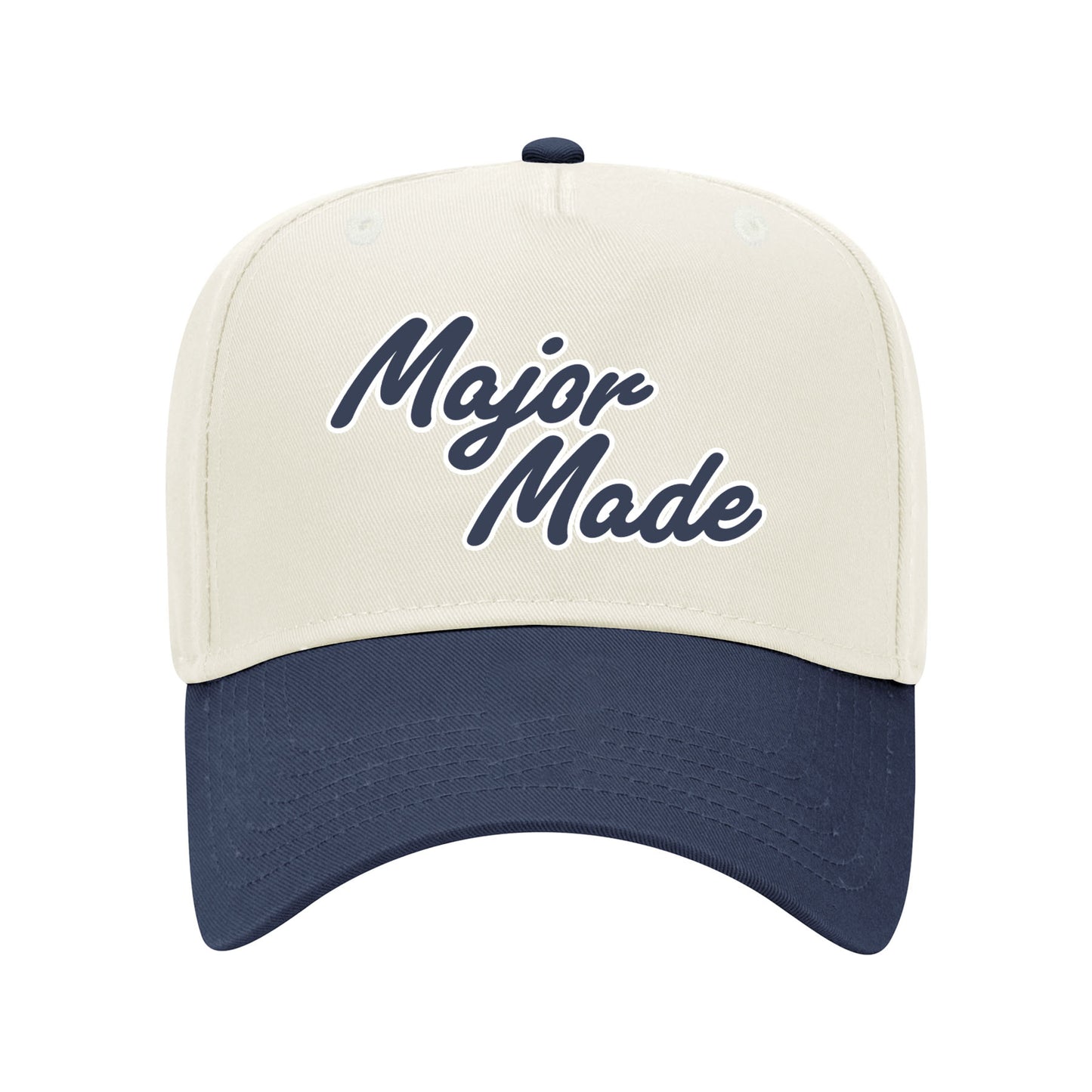 Two-toned cap with 'Major Made' text on a white background