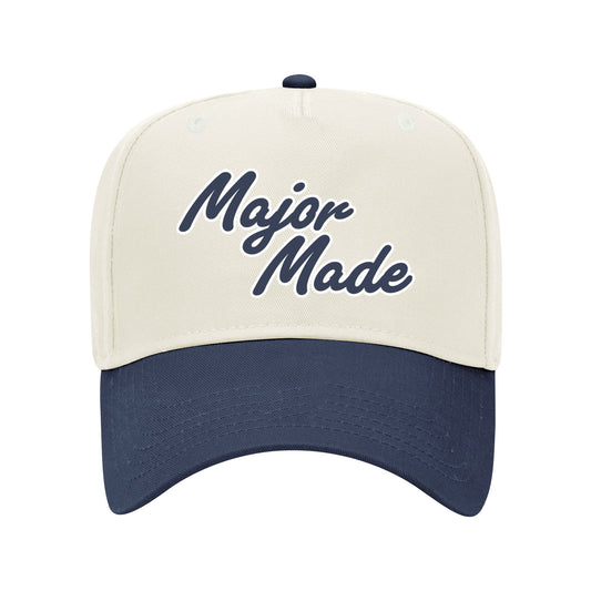 Two-toned cap with 'Major Made' text on a white background