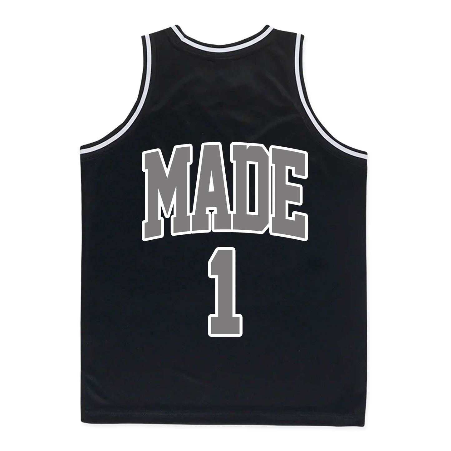Black basketball jersey with 'MADE' and number '1' on a white background