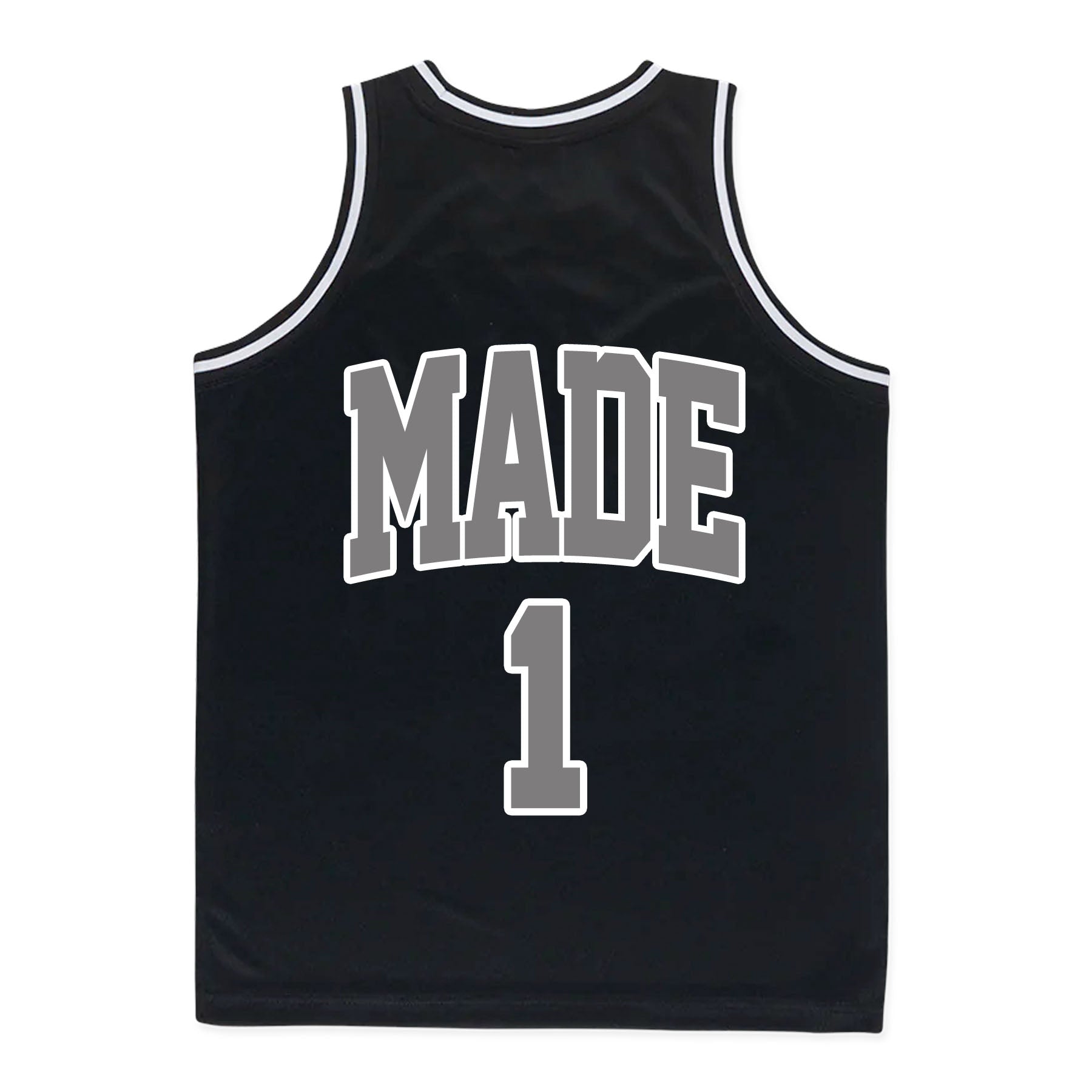 Black basketball jersey with 'MADE' and number '1' on a white background