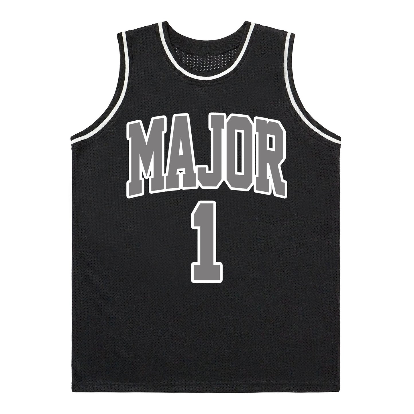 Black basketball jersey with 'MAJOR' and number '1' on a white background