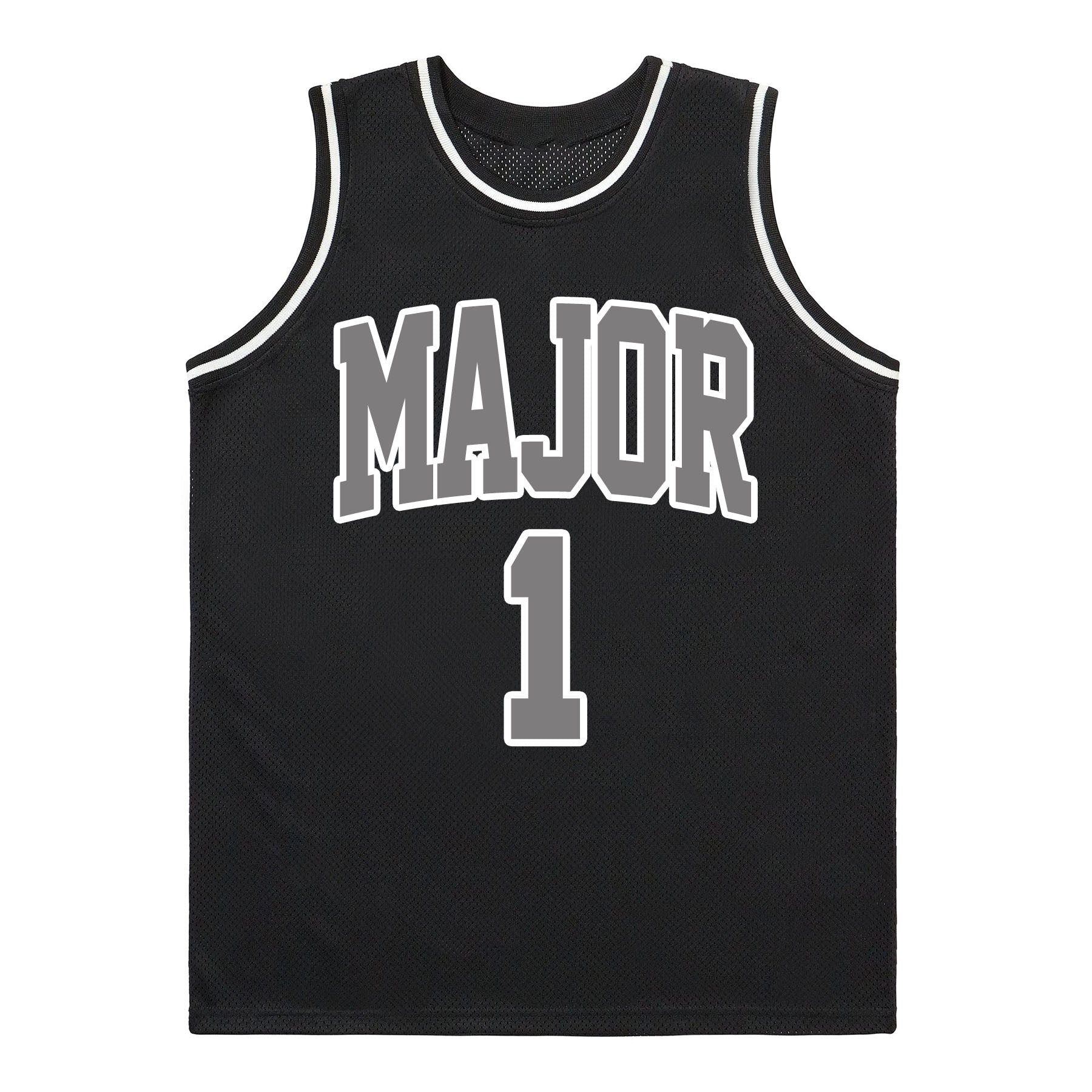 Black basketball jersey with 'MAJOR' and number '1' on a white background