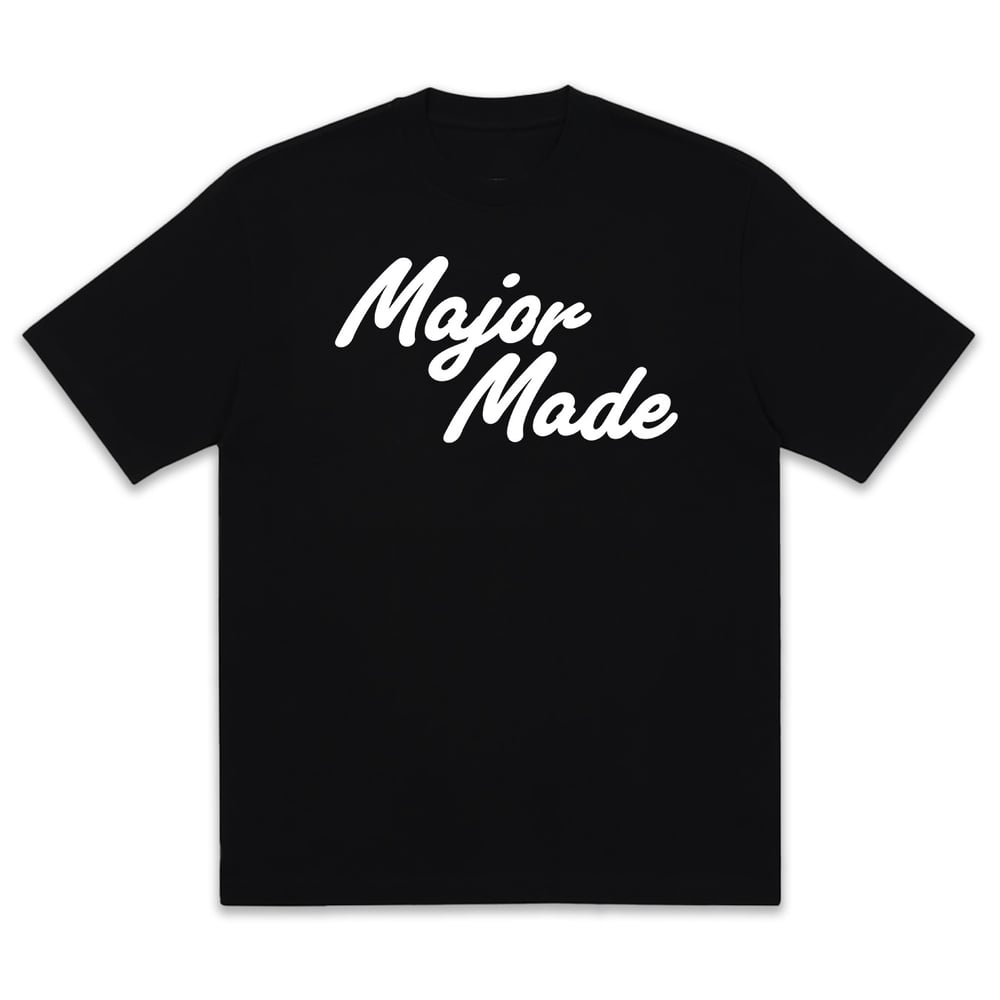 Black t-shirt with 'Major Made' text on a white background