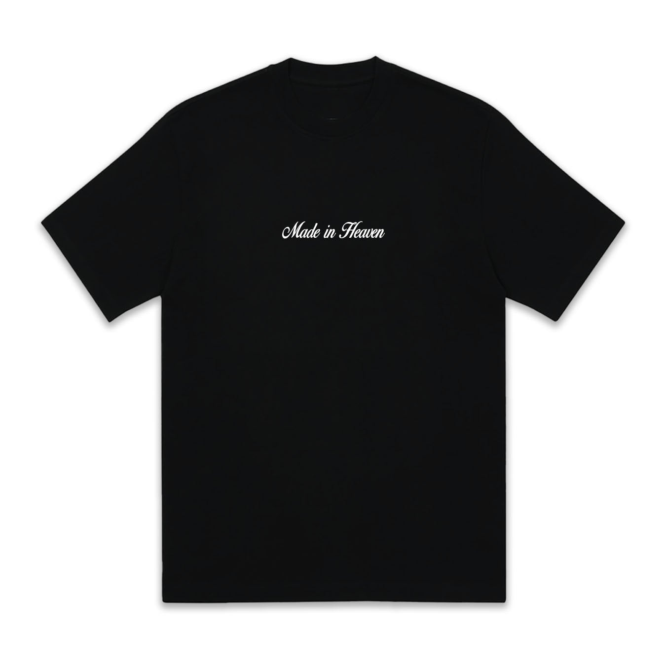 Black t-shirt with 'Made in Heaven' text on a white background