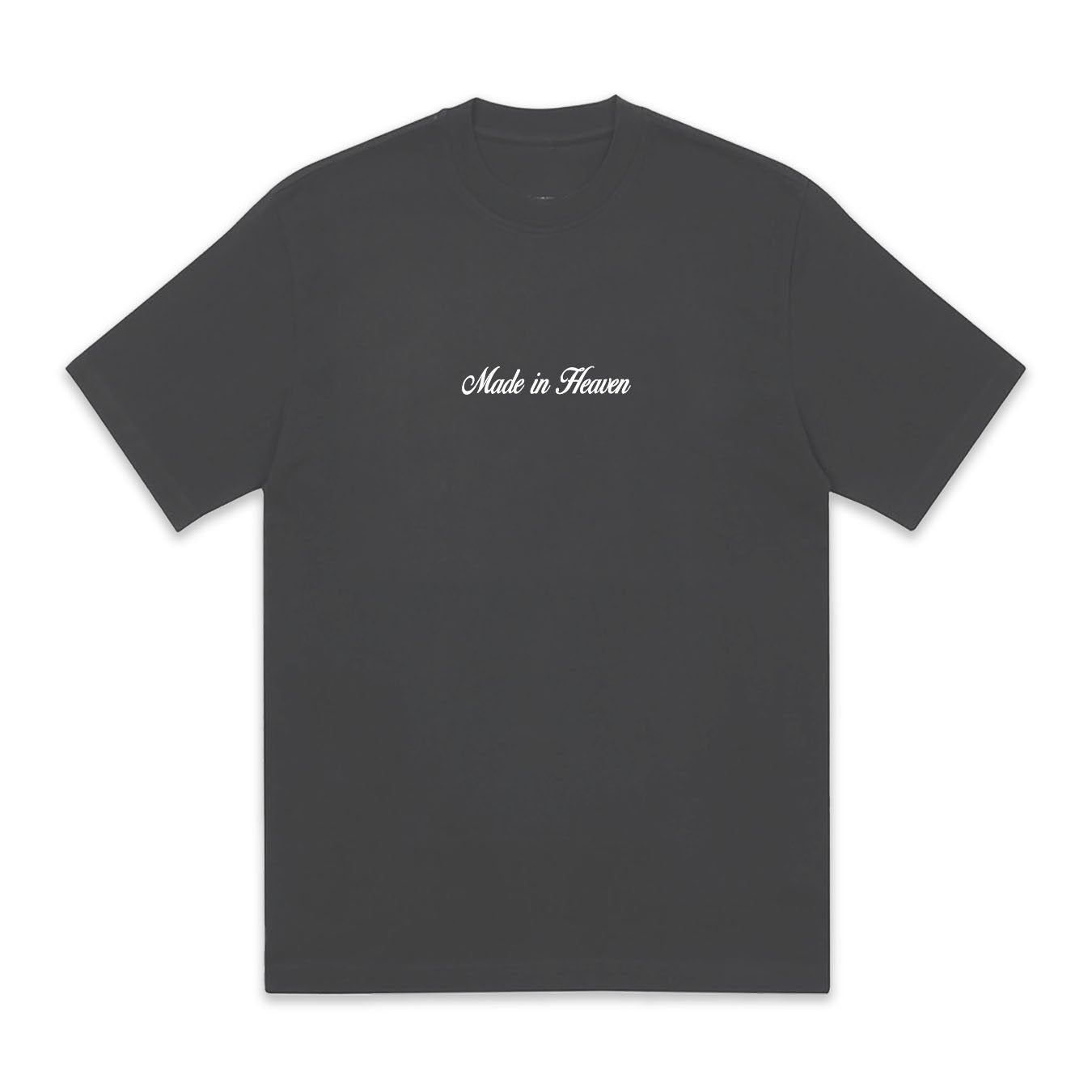 Black t-shirt with 'Made in Heaven' text on a white background
