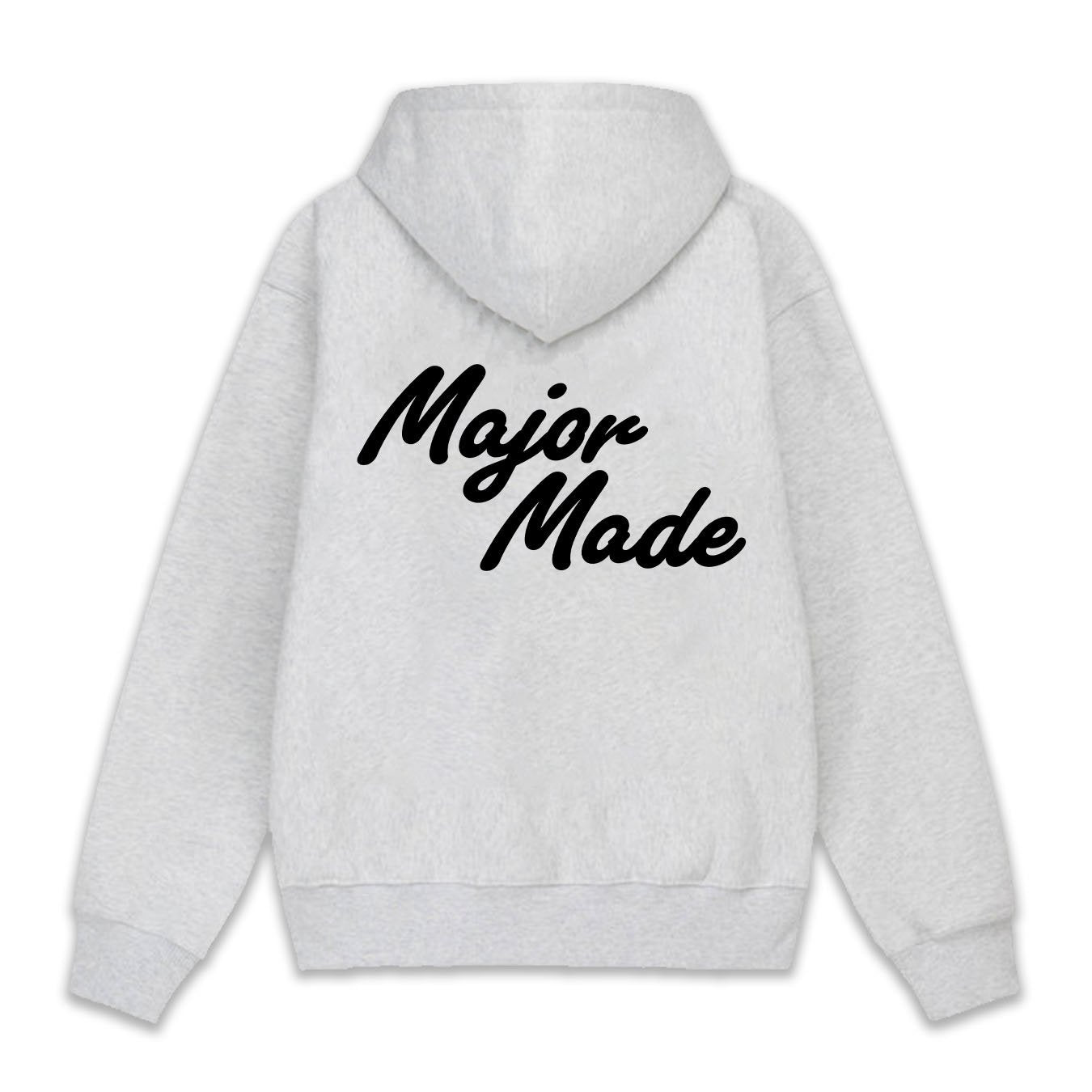 Gray hoodie with 'Major Made' text on the back against a white background. Back view — PUFF ZIP-UP heather grey with puff screenprinted back graphic