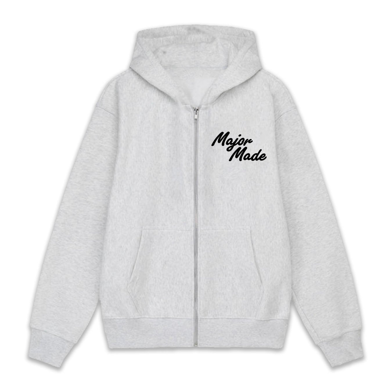 MAJORMADE PUFF ZIP-UP — heather grey, 10oz (330gsm) 70/30 fleece, front puff screenprint Gray hoodie with 'Major Made' text on a white background