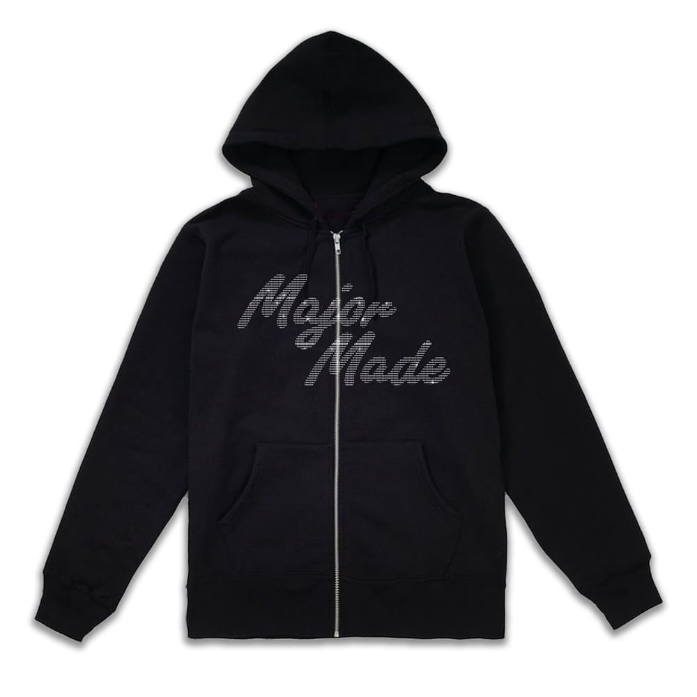 RHINESTONE zip-up hoodie — black 10oz fleece with rhinestone logo, MAJORMADE