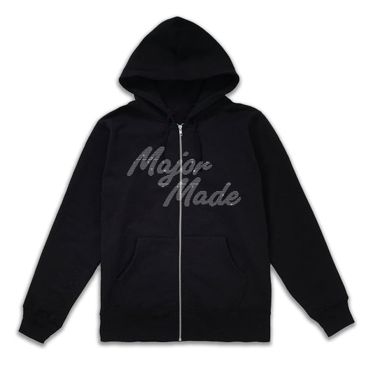 RHINESTONE zip-up hoodie — black 10oz fleece with rhinestone logo, MAJORMADE
