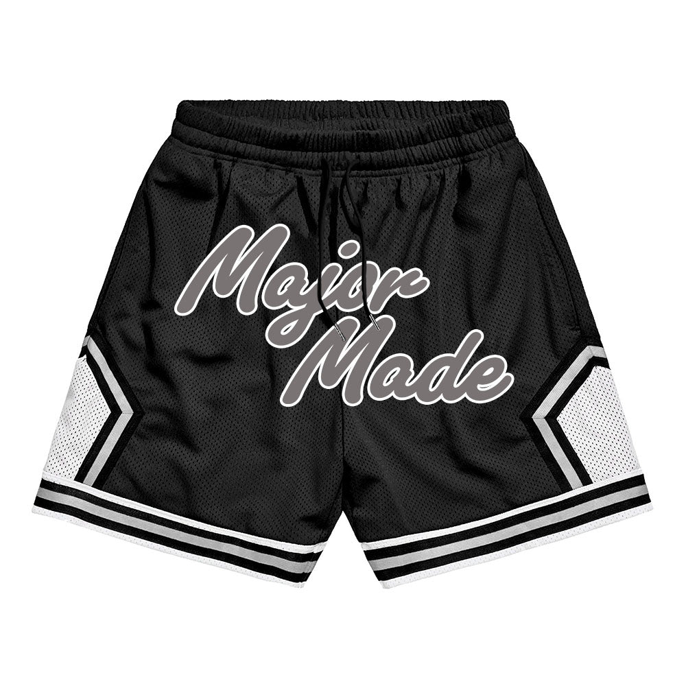 Black shorts with 'Major Made' text on a white background