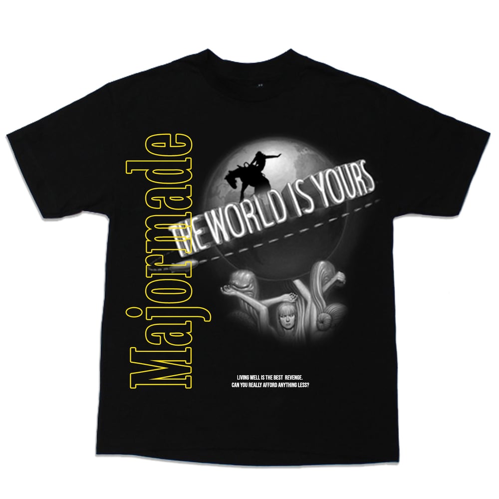 HE WORLD IS YOURS tee — black 100% cotton with oversized graphic screenprint