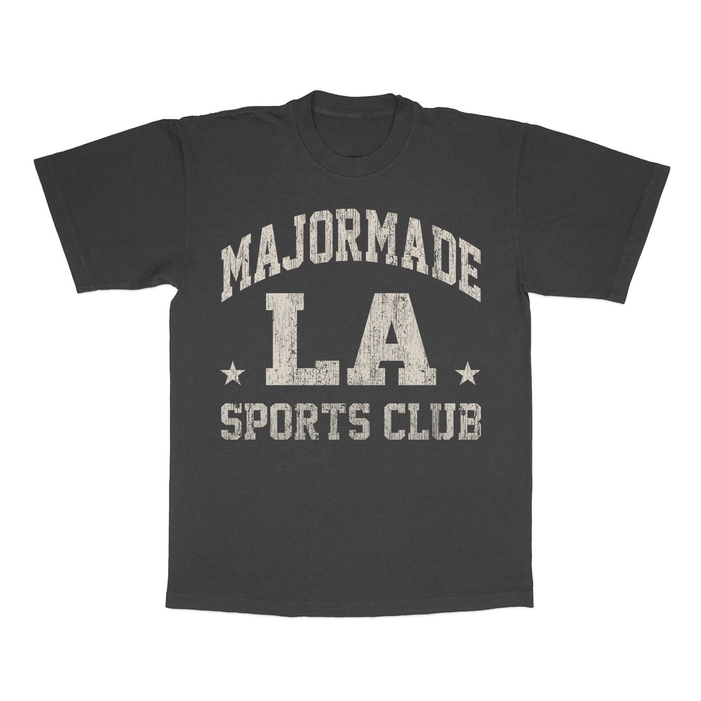 Black t-shirt with 'MAJORMADE LA SPORTS CLUB' text on a white background