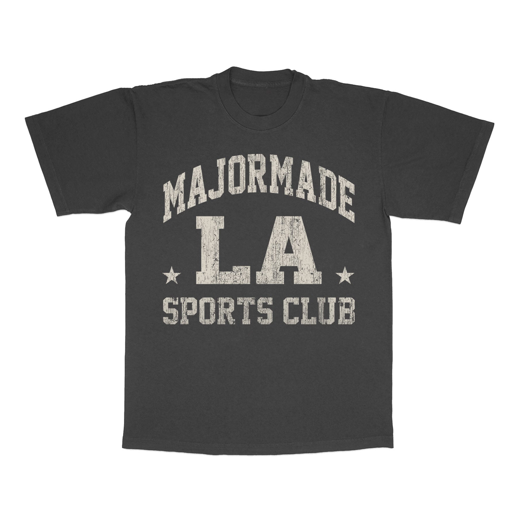 Black t-shirt with 'MAJORMADE LA SPORTS CLUB' text on a white background