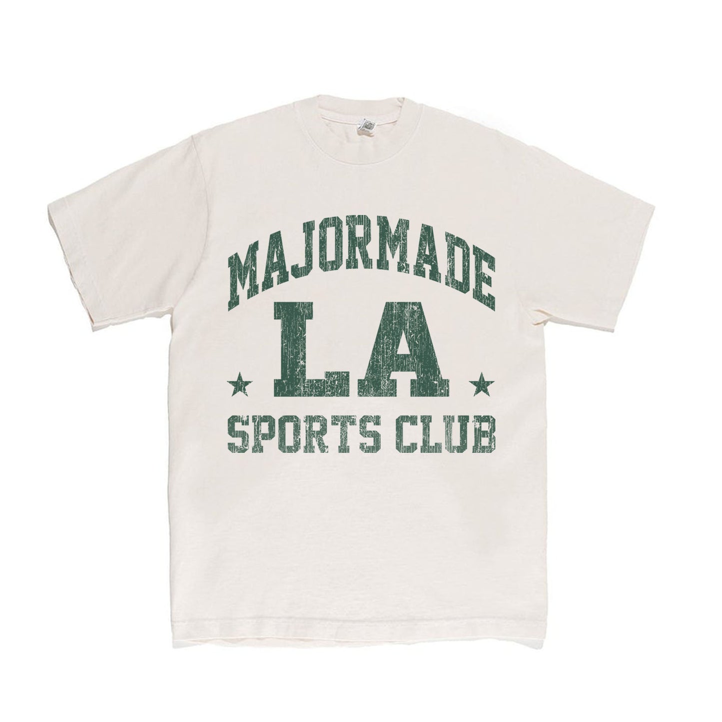 MAJORMADE LA SPORTS CLUB tee — cream shirt with green distress print, 6.5oz 100% cotton, front screenprint