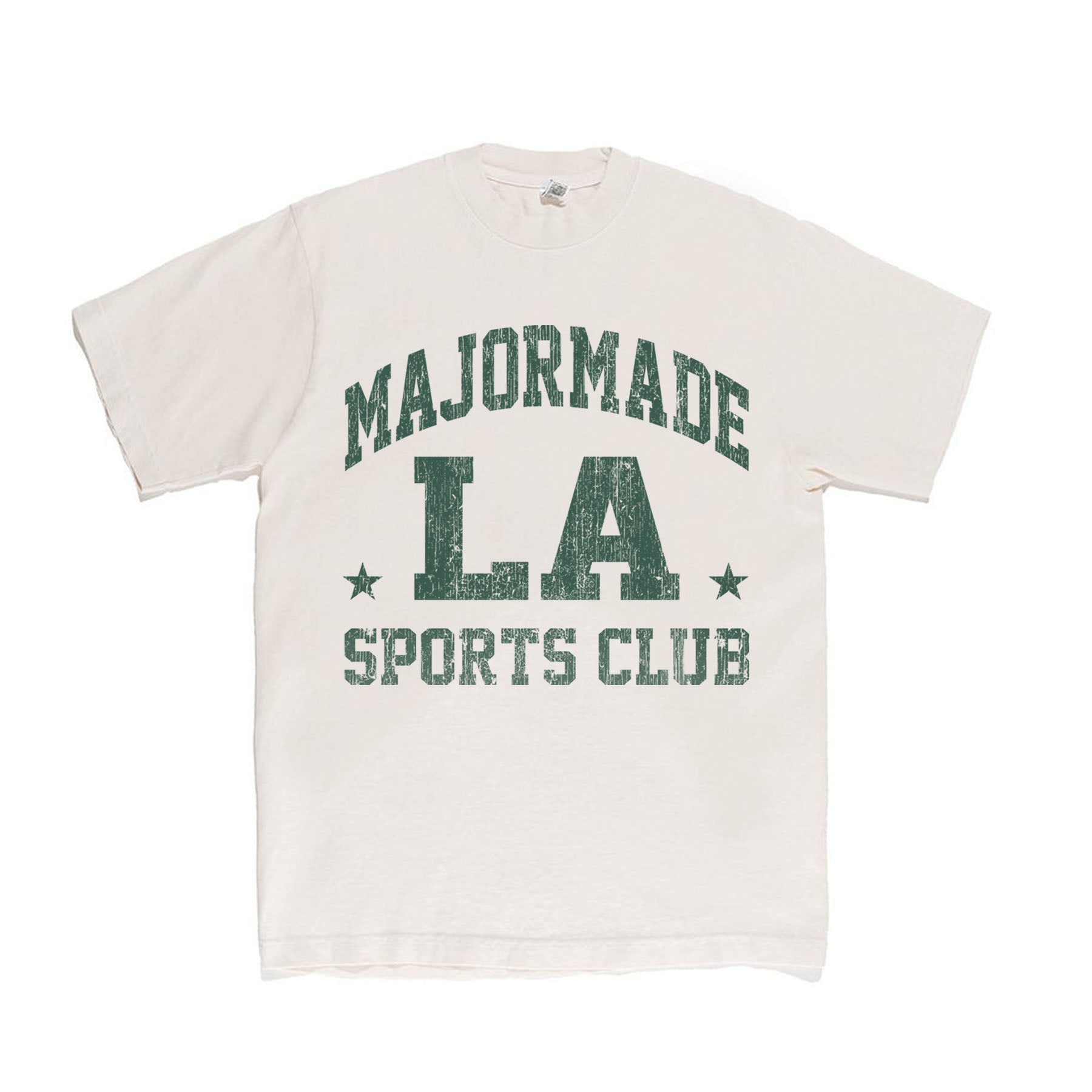 MAJORMADE LA SPORTS CLUB tee — cream shirt with green distress print, 6.5oz 100% cotton, front screenprint
