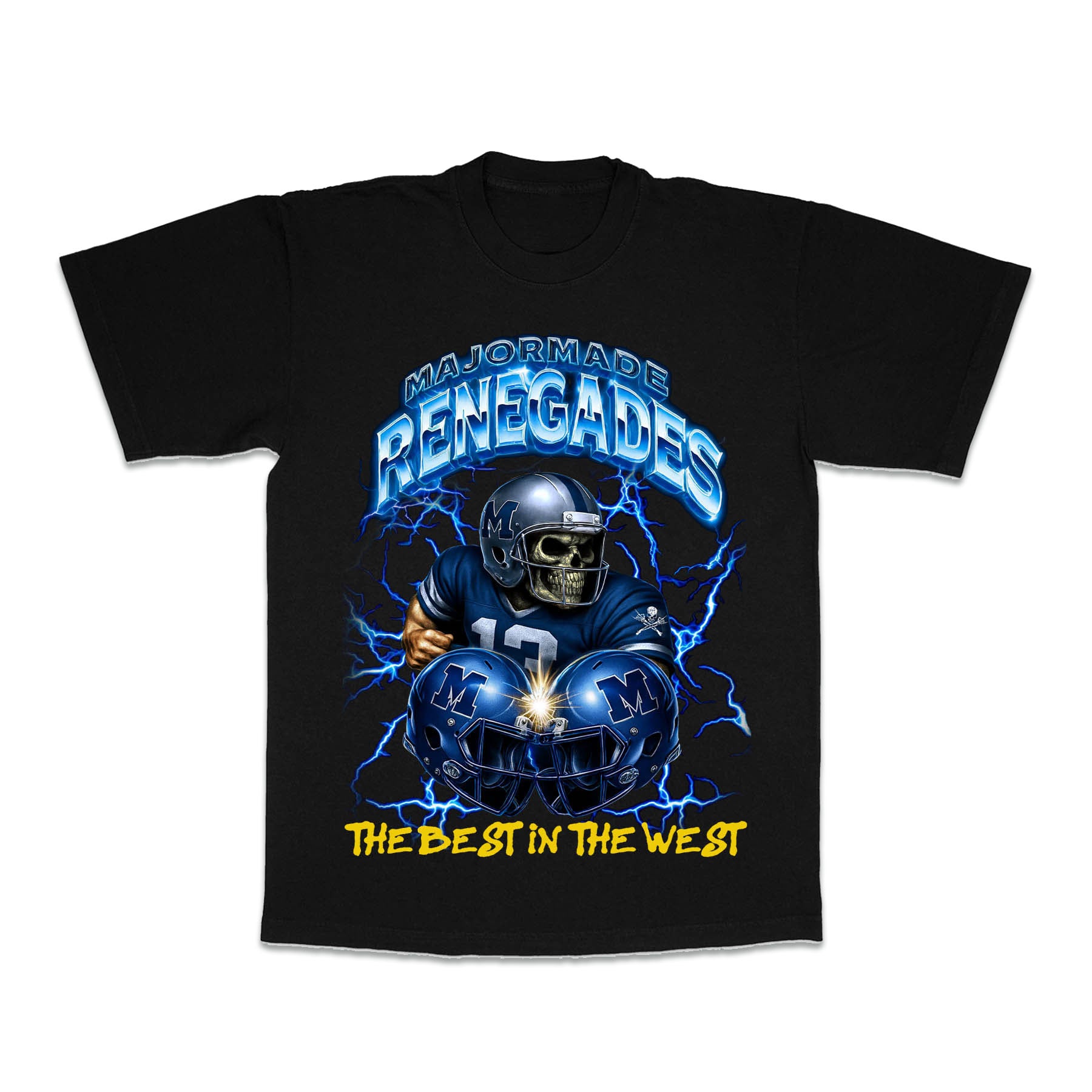 Black t-shirt with football-themed design featuring a helmet and text on a white background