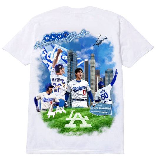 White t-shirt with Dodgers-themed graphics, including players and stadium, on a white background.