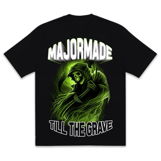 MAJORMADE BLACK REAPER tee — black, 100% cotton, front graphic screenprint