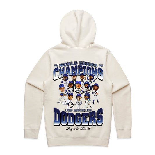 Beige hoodie with Dodgers World Series Champions design on a white background