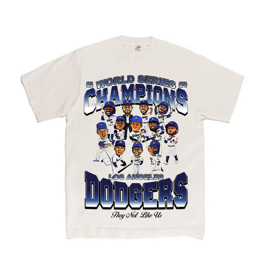 T-shirt celebrating the Los Angeles Dodgers World Series Champions with player images and text.