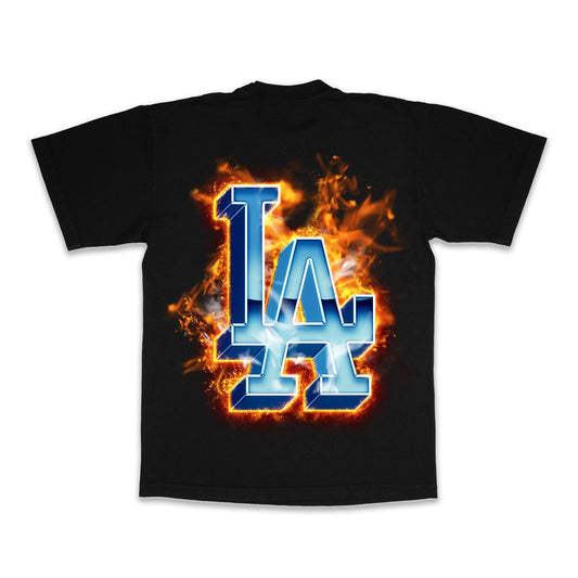 Black t-shirt with fiery 'LA' logo on a white background