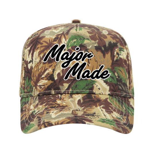 Camouflage cap with 'Major Made' text on a white background