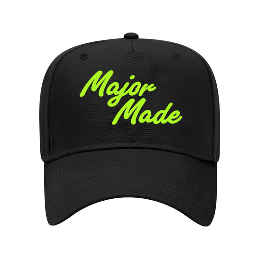 Black cap with 'Major Made' text in green on a white background