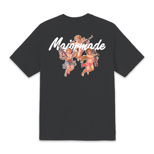 Black t-shirt with 'Majormode' design featuring cherubs and guns on a white background