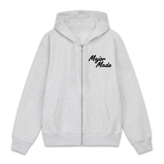 MAJORMADE PUFF ZIP-UP — heather grey, 10oz (330gsm) 70/30 fleece, front puff screenprint Gray hoodie with 'Major Made' text on a white background