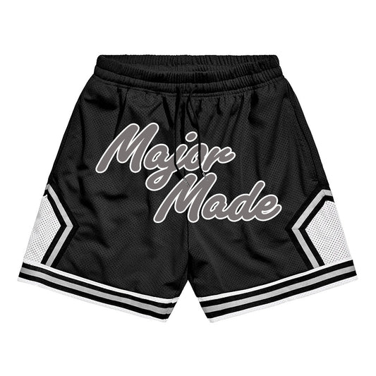 Black shorts with 'Major Made' text on a white background