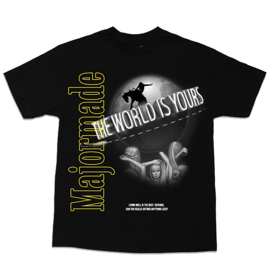 HE WORLD IS YOURS tee — black 100% cotton with oversized graphic screenprint