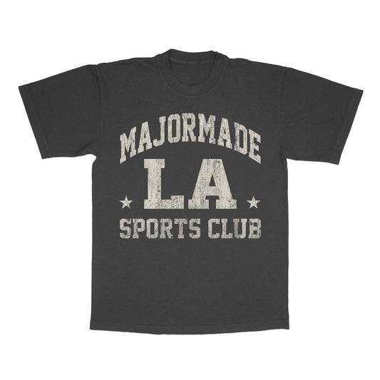 Black t-shirt with 'MAJORMADE LA SPORTS CLUB' text on a white background