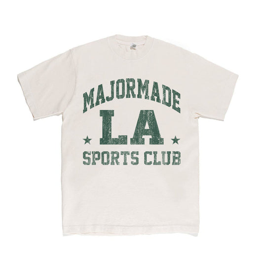 MAJORMADE LA SPORTS CLUB tee — cream shirt with green distress print, 6.5oz 100% cotton, front screenprint