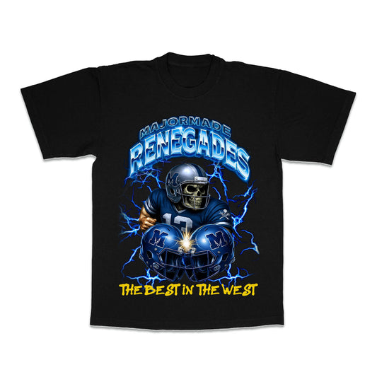 Black t-shirt with football-themed design featuring a helmet and text on a white background